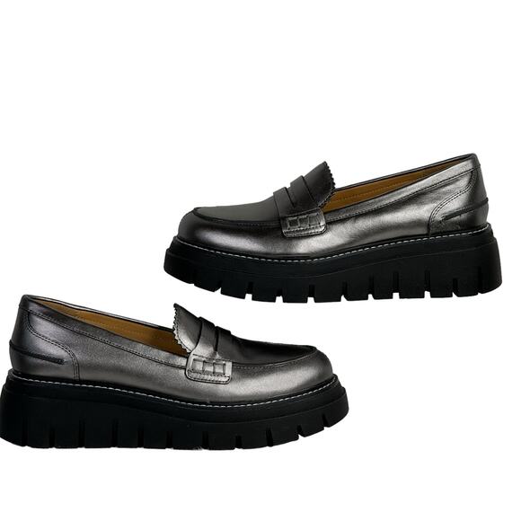 JSlides Tyler Platform Loafer Women 8.5 Metallic Silver Leather Chunky Sole Shoe - Picture 3 of 9